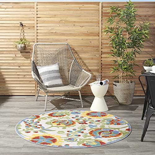 Nourison Home Aloha Ivory Multicolor 4' x Round Area Rug - Easy Clean, Non Shedding, Bed Room, Living Room, Dining Room, Kitchen (4' x Round) by NourisonHome