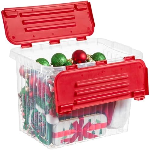Superio Red Storage Box with Red Hinged Lids, Plastic Container Bins for Organizing with Attached Lid, Stackable Crates, BPA Free, Organizers for Home and Office, 27.5 Quart (17"x11.65"x12.25) by Superio