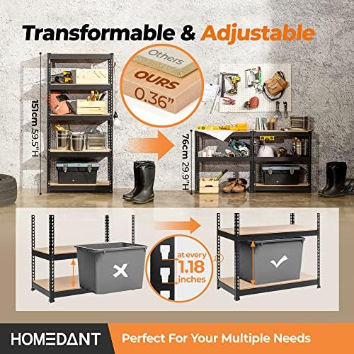 HOMEDANT 28" W 5 Tier Heavy Duty Garage Shelving Adjustable Metal Rack Storage Shelves Standing Shelf Unit Organizers Pantry Closet Black 2Pack - Image 4