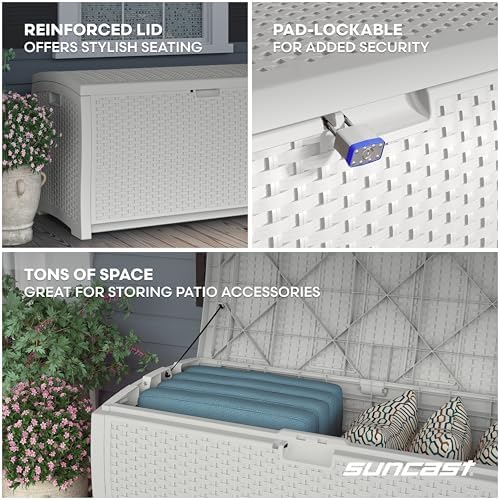 Suncast 99 Gallon Wicker Horizontal Outdoor Deck Box with Hinged Lid, Water-Resistant Storage Solution for Patio, Deck, Yard, and Garage, White, Made in the USA - Image 5
