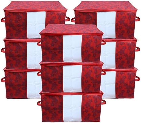 Kuber Industries Foldable Underbed Storage Bag|Organizer For Clothes Large|Non-Woven Comforter, Blanket Cover|Metalic Print & Side Handle|Pack of 9 (Red) by Kuber+Industries