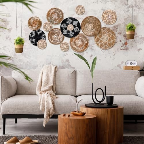 Xuhal 15 Pcs Boho Wall Basket Decor Handcrafted Seagrass Woven Wall Basket Rustic Round Woven Hanging Art for Home Farmhouse Kitchen Table Living Room (Dark Colors Style) - Image 2