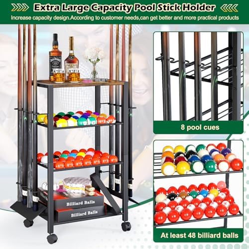 Pool Stick Holder Rack Stand for 8 Cue Sticks - Billiard Game Room Storage Cart with Organizer for Balls, Pool Table Accessories and Equipment - Heavy Duty Floor Stand Cue Stick Rack for Home or Bar - Image 2