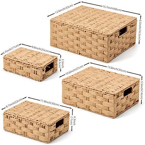 EZOWare Set of 4 Woven Wicker Stackable Storage Basket with Lid, Decorative Paper Rope Organizer Nesting Bin with Handles for Kids Baby Closets, Room Decor, Gift Baskets Empty - 4 Sizes, Beige - Image 2