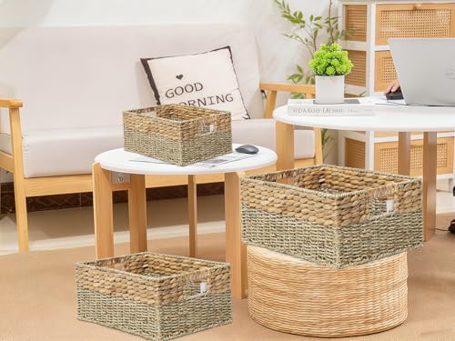 YAHUAN Natural Water Hyacinth & Seagrass Woven Storage Baskets – Wicker Storage Basket Organizer Bins with Handles for Home & Office Pantry Shelf (Set of 3) - Image 6