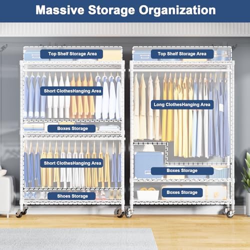 ULIFHOME P8C Pro Heavy Duty Clothes Rack（With Extended Width Design） Rolling Clothing Racks for Hanging Clothes with Lockable Wheels，42" W x 15.8" D x 80.5" H，Load 700LBS，White Rack with White Cover - Image 3