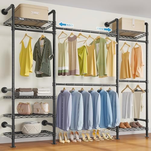 Timate F3 Medium Wall Mounted Clothes rack Expandable Closet, Industrial Pipe Clothing Rack for Hanging Clothes, Heavy Duty Clothes Rack with Shelves, Garment Rack Wall Closet System Black Pipe Closet by SturdyWallMountedClothesRack