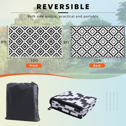 Favoyard Outdoor Rug Black & White 8x10 ft Waterproof Reversible Carpet Mat - Image 2