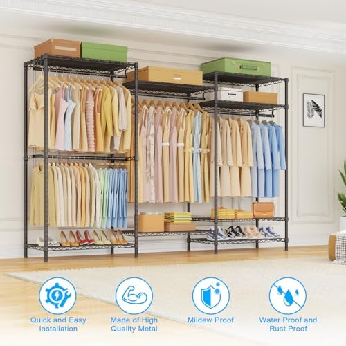 Ulif E13 Pro Heavy Duty Clothes Rack（With 4 Hanger Rods & 8 Shelves） Freestanding Clothing Racks for Hanging Clothes，Adjustable Closet，Metal Garment Rack 75" W x16 D x77 H，Max Load 1000LBS，Black - Image 6