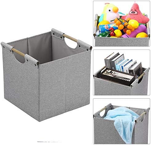 HOONEX Collapsible Storage Bins, 12x12x12in Storage Cubes Linen Fabric, 3 Pack, Storage Baskets with Wooden Carry Handles and Sturdy Heavy Cardboard, for Home, Office, Car, Nursery, Light Grey - Image 2
