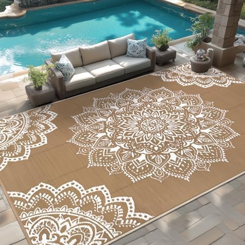 Yamaziot Outdoor Rug 9' x 18', Waterproof Reversible Plastic Straw Rug, Large Outdoor Rugs Mats RV, Picnic, Backyard, Balcony, Porch, Beach, Brown by Yamaziot