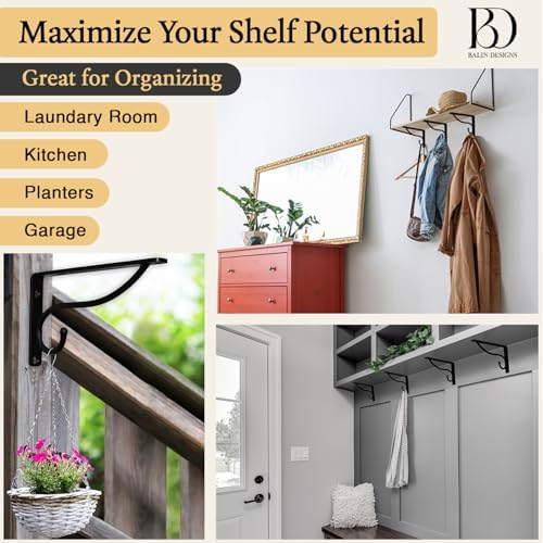 Closet Rod Bracket, 8 Inch Hook Shelf Brackets Heavy Duty Wall Mounted, Black Closet Rod Support Brackets for Curtains, Hanging Hook Kitchen, Garage Shelf Supports (4 Pack) (White, 8 Inch) - Image 4