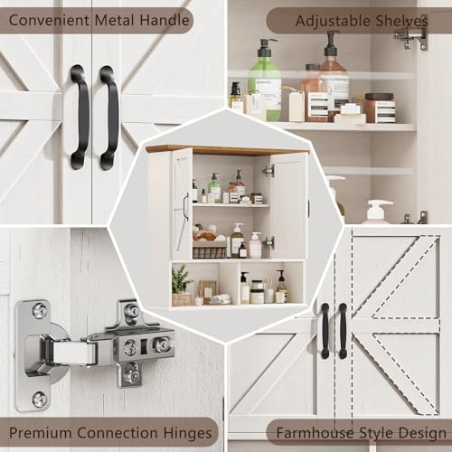 Bathroom Wall Cabinet, Farmhouse Medicine Cabinet with Doors, White & Brown - Image 6
