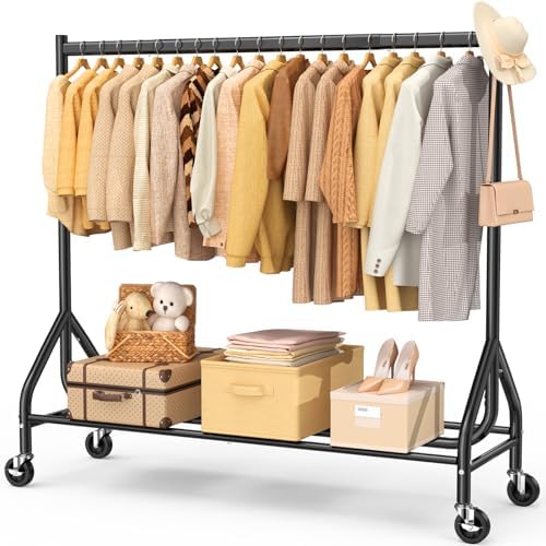 EAGMAK Heavy Duty Clothes Rack Load 420 LBS, Rolling Garment Rack with Lockable Wheels, Standing Metal Clothing Rack, Portable Wardrobe Sturdy Coat Rack for Hanging Clothes (Black, 59″×18.9″×63″) by EAGMAK