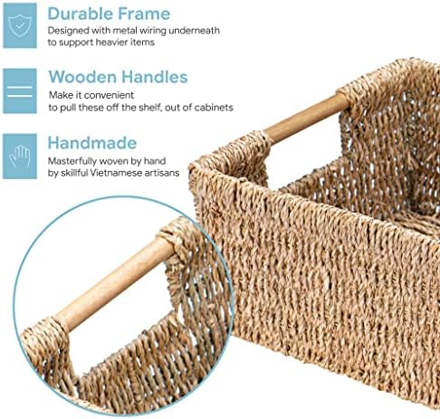Large Natural Wicker Basket Rectangular with Wooden Handles, Seagrass Storage for Organizing, Shelves 15.5 x 10.6 x 5.5 inches - Image 4