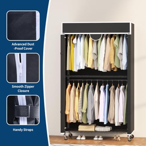 Metal Wardrobe Rack 485LBS Portable Closet Organizer with Cover Black - Image 5