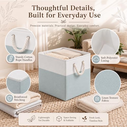 6 Pack 13x13 Inch Cube Storage Bins Fabric Square Cube Baskets, Light Green - Image 4