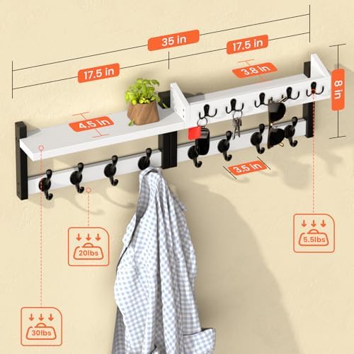 35'' White Coat Rack Wall Mount with Shelf, Solid Wood Coat and Key Hanger with 13 Metal Hooks, Farmhouse Wall Organizer for Mail, Entryway Wall Hangers for Hats, Clothes, Backpacks, Mudroom - Image 3