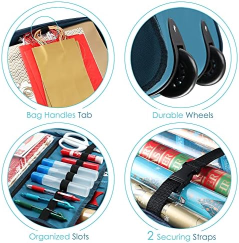 Hearth & Harbor Wrapping Paper Storage Container with Ribbon Dispenser and Interior Pockets - Large Christmas Storage Containers with Wheels, Fits 30 Rolls of 40" Length, Blue - Image 5