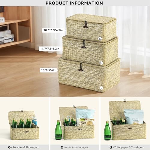 Nonam Wicker Storage Basket with Lid,Seagrass Shelf Basket Set of 3,White - Image 2