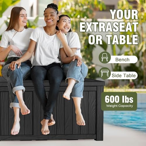 Outdoor Waterproof Resin Storage Deck Box Lockable Outside Bench UV Resistant Bin Patio Porch Furniture Pool Float Garden Tool Cushion (Black, 150 Gallon) - Image 3