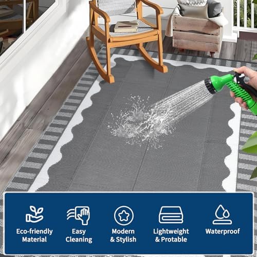 Garvee Large Scalloped Outdoor Rug 8x10 Patio Rugs Outdoor Waterproof,Grey - Image 4