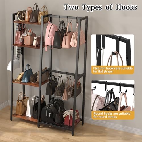 HavenlyYouth Purse Storage Organizer for Closet, 4-Tier Iron Wood Purse Rack, 8 Purse Hooks & 2 Side Hooks for Bag Organizer, Large Capacity Handbag Storage Rack for Home, Living Room - Image 4