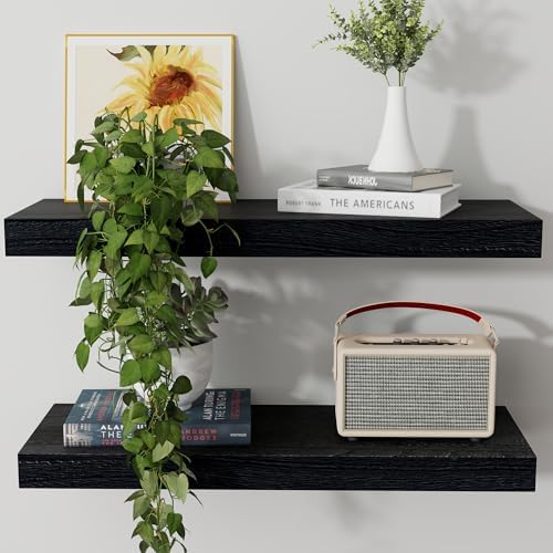 Axeman Floating Shelves, 2 Pack 8 Inch Deep Modern Solid Wood Wall Shelves for Storage, Wall Mounted Display Shelving with Invisible Heavy-Duty Metal Bracket, 24" W x 8" D x 1.6" H, Distressed Black - Image 6