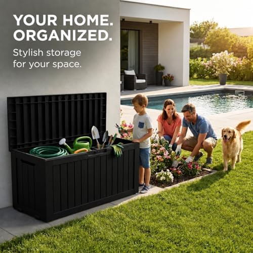 LAUSAINT HOME 260 Gallon Resin Deck Box, Outdoor Toy Storage Box, Package Delivery Box with Lockable Lid, Waterproof Outdoor Storage Box For Garden Tools, Patio Cushions(260 Gallon,Black) - Image 4