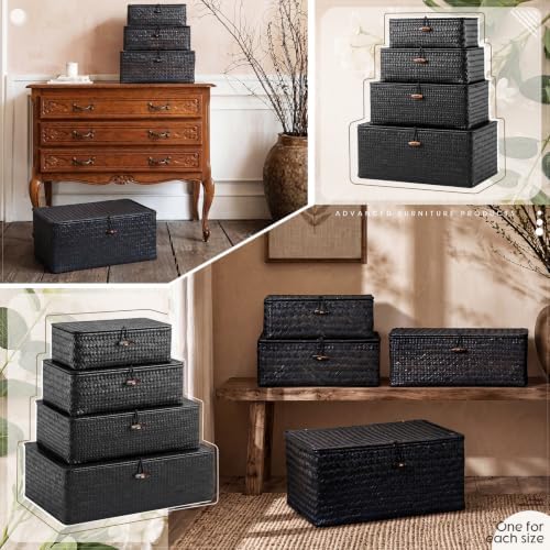 Woanger Set of 4 Wicker Baskets with Lids, Black - Image 5