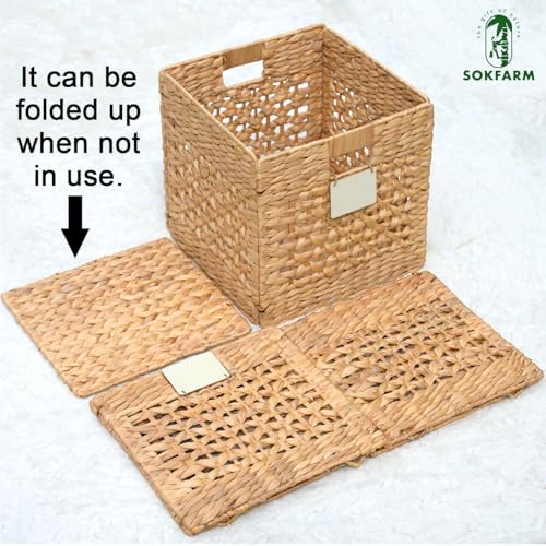 Water Hyacinth Storage Baskets Set of 4, 12 Inch Woven Cube Bins for Shelf and Cubby Organizer, Wicker Baskets for Blankets Towels and Toys, Seagrass Organization Bins for Closet and Living Room - Image 3