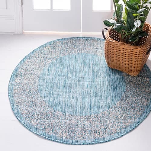 Unique Loom Outdoor Border Collection Area Rug - Floral Border (13' Round, Aqua/ Ivory) by UniqueLoom