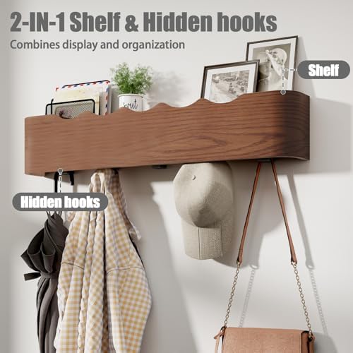 Coat Rack Wall Mount with Shelf 5 Hidden Hooks Modern Wooden Key Holder Entryway Organizer for Hallway Bedroom Bathroom Home Decor Storage for Hanging Coats Hats Bags Towels, Wave-Shape Walnut - Image 2