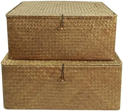 Shelf Storage Baskets with Lid, 2-Pack Wicker Storage Basket, Woven Seagrass Decorative Boxes, Coffee XXLarge+XXL - Image 3