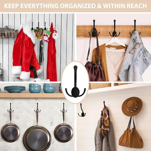 Homanu 40 Pack Coat Hooks Heavy Duty, Metal Three Prongs Large Coat Hooks Wall Mounted with 80 Screws, No Rust Black Rustic Wall Hooks for Hanging Towel, Coat, Scarf, Bag, Hat, Cup, Key - Image 2