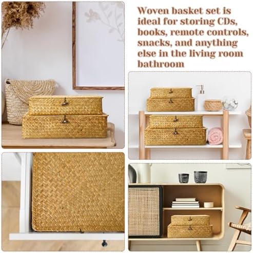 Didaey Set of 4 Seagrass Basket with Lid Wicker Storage Basket Decorative Storage Boxes with Lids Flat Storage Bins Woven Organizer Baskets for Shelf Closet Bedroom, 4 Sizes (Yellow) - Image 6