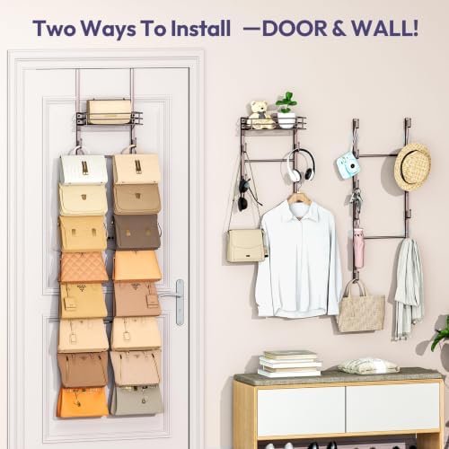 SWTYMIKI Over the Door Purse Organizer - Wall Mounted Handbag Organizer with 16 Hooks and Metal Basket, Hanging Purse Storage Rack Holds up to 16 Bags, Bag Rack Can Use As 1/2 Part, for Door, Closet - Image 5