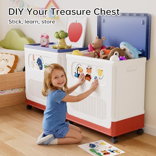 HAIXIN 60QT Storage Bin with Lid and Wheels, White-Blue-Red Toy Chest - Image 3