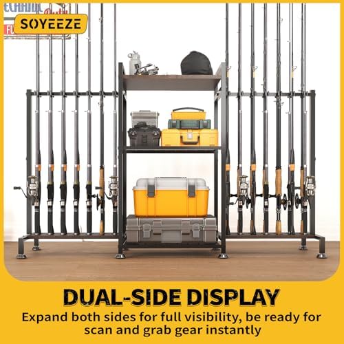 SOYEEZE Fishing Rod Holder for 28 Rods, Ground Stand Fishing Pole Holders for Garage, 3-Sided Vertical Fish Rod Rack for Tackle Box, Fishing Supplies,a Display Fish Gear Storage Gift for Man - Image 4