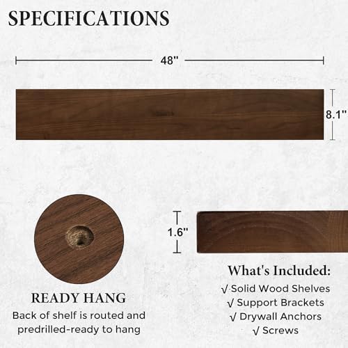 Axeman Floating Shelves, 8 Inch Deep Modern Solid Wood Wall Shelves for Storage, Wall Mounted Display Shelving with Invisible Heavy-Duty Metal Bracket, 48" W x 8" D x 1.6" H, Walnut - Image 3