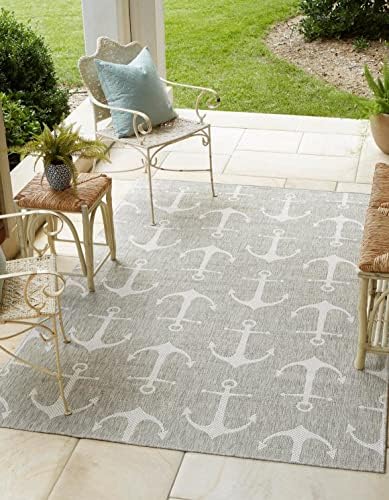 Unique Loom Outdoor Coastal Collection Area Rug - Ahoy (7' 10" x 11' Rectangle, Gray/ Ivory) by UniqueLoom