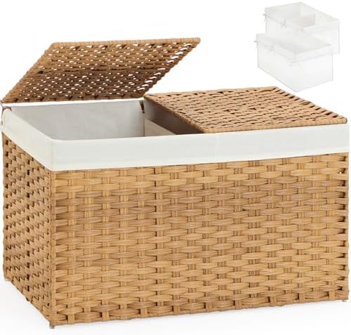 SETVSON Storage Basket with Lid, 2-Lid PE Rattan Storage Bin, Natural by SETVSON