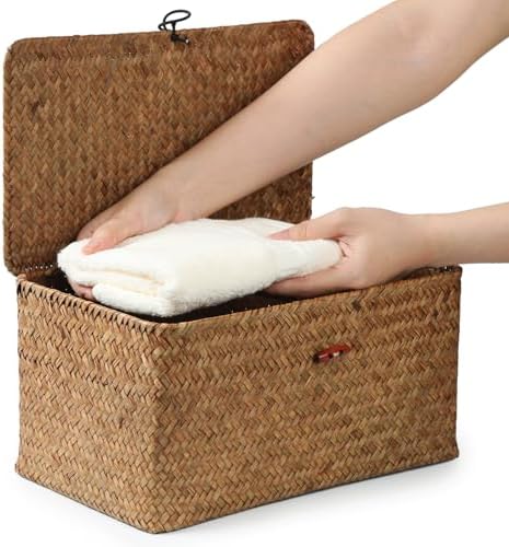 4 Pack, Wicker Baskets with Lids, Natural Seagrass Storage Baskets, Woven Rectangular Basket Bins, Rattan Storage Organizer for Shelf (Coffee, Set of 4) - Image 2
