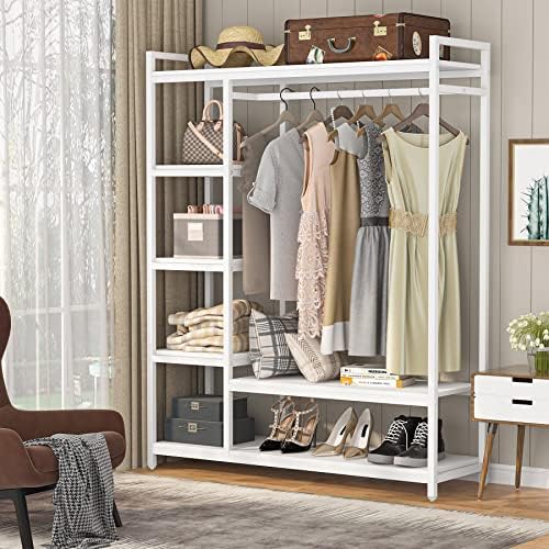LITTLE TREE Free Standing Wood Closet Clothes Rack,Heavy Duty Grament Rack with Shelves,Hanging Racks for Clothes Clothing Rack for Bedrom,Wardrobe Closet Organizer,350 lb Capacity - Image 2