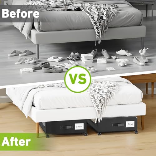 Molutsody Under Bed Storage with Wheels, 4-Pack Underbed Storage Containers with Clear Lids, Under Bed Shoe Storage Organizer, Rolling Under Bed Storage for Clothes Shoes Blankets (Black) - Image 6