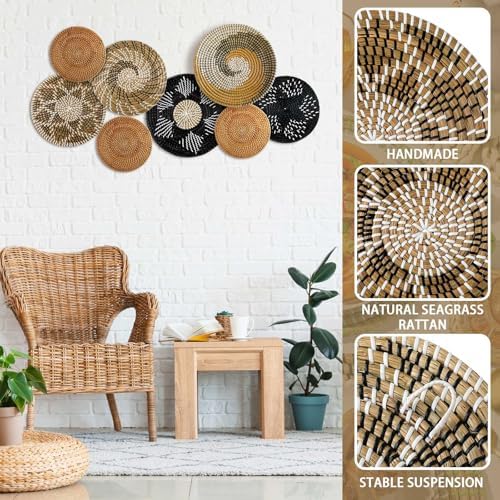 Xuhal 8 Pcs Boho Wall Basket Decor Decorative Bulrush Woven Basket Wall Decor Rustic Farmhouse Hanging Baskets for Kitchen Rustic Home Summer Decorations(Vintage) - Image 4