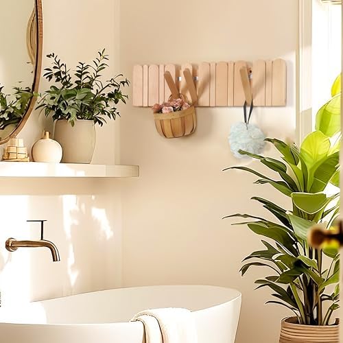 Wall Coat Rack for Entryway: Folding Wood Modern Heavy Duty 8 Hooks - Image 6