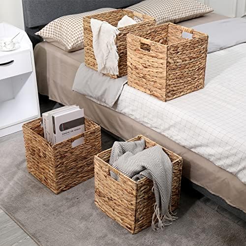 12x12in Storage Baskets 4 Pcs Water Hyacinth Basket,Foldable Storage Cubes - Image 6
