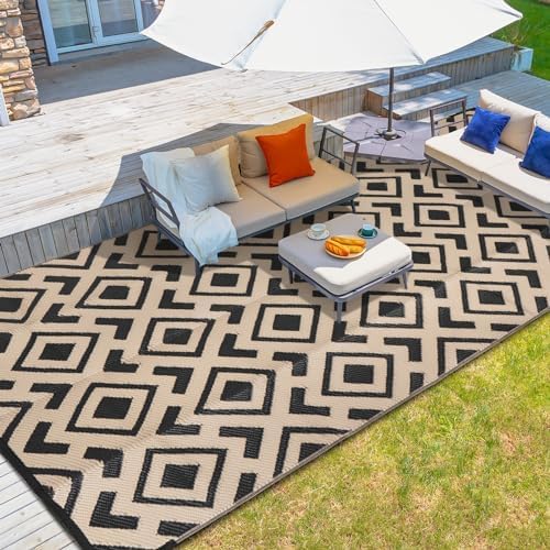 wikiwiki Outdoor Rug, 9x18ft Waterproof Reversible Mat Indoor Outdoor Rugs Carpet, Small Area Rug Plastic Straw Rug for Patio Deck Balcony Pool RV Camping Beach Picnic, Black & Beige, Rugscape Series by WikiwikiPatioUmbrellas