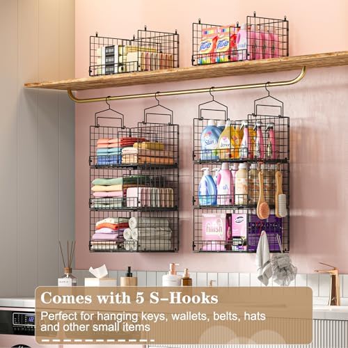 Sonyabecca 3-Tier Extra Large Closet Hanging Organizer with Dividers, Clothes Hanging Shelves with 2 Hanging Hooks & 5 S-Hooks, Wire Storage Baskets for Sweaters, Shoes, Handbags & Accessories - Image 7